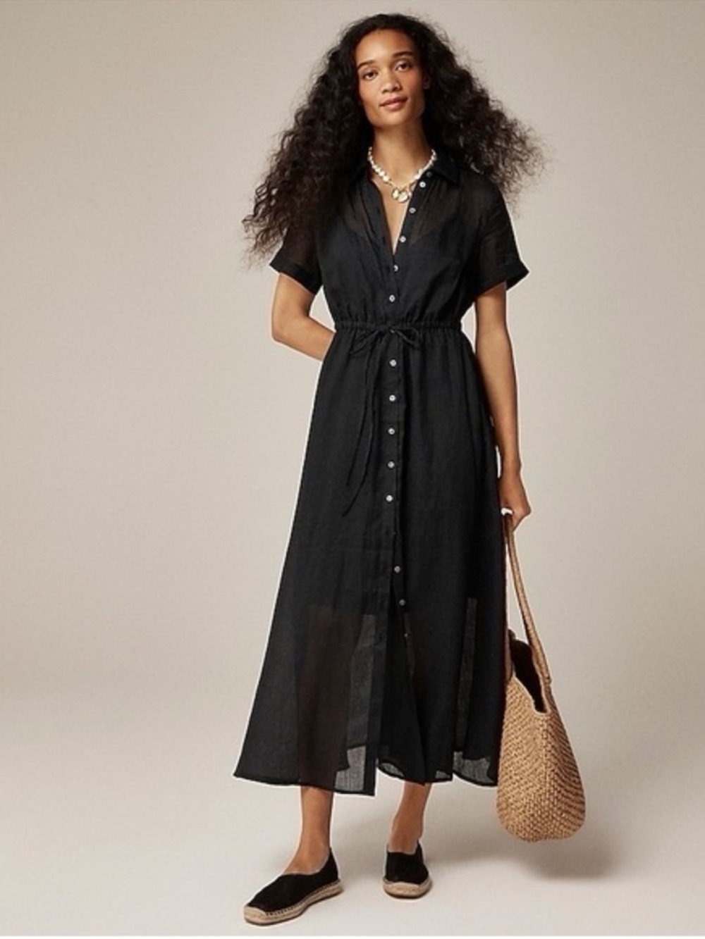J. Crew Black Button-Front Midi Shirt Dress